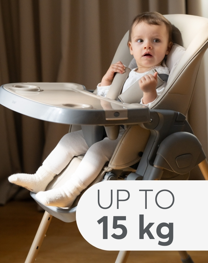 Diseñada para peques que ya pueden mantenerse sentados sin ayuda, OLIVE es adecuada hasta los 3 años o 15 kg. Un espacio cómodo que les acompañará desde sus primeras comidas hasta la etapa infantil.